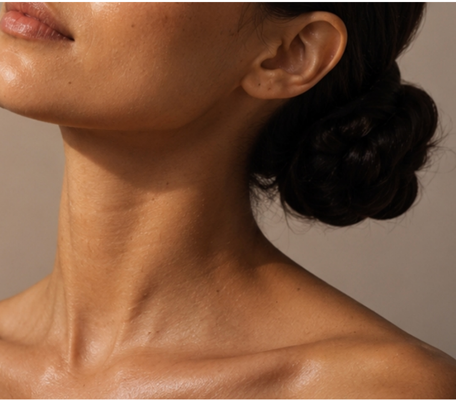 Hals und Dekolleté mit ebenmäßiger, frisch wirkender Haut nach einem Laser Facial